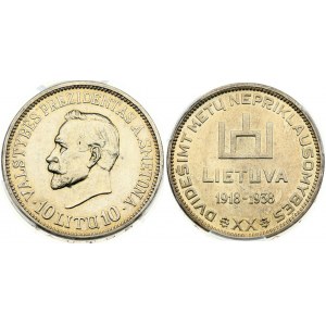 Lithuania 10 Litų (1918-1938) 20th Anniversary of Republic. Coin flipped 180 degrees. Obverse: Columns of Gediminas...