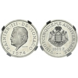 Monaco 1000 Francs 1974 (a) 25th Anniversary of Reign. Rainier III (1949-2005). Obverse: Portrait of Rainier III...