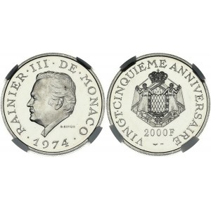 Monaco 2000 Francs 1974 (a) 25th Anniversary of Reign. Rainier III (1949-2005). Obverse: Portrait of Rainier III...