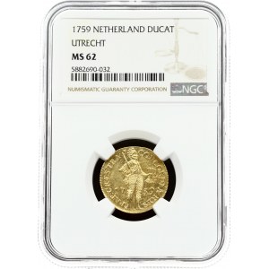 Netherlands UTRECHT 1 Ducat 1759 Obverse: Standing; armored knight holding bundle of arrows; divides date...
