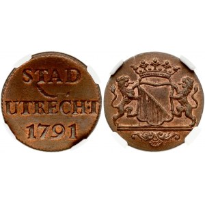 Netherlands UTRECHT 1 Duit 1791. Obverse: Crowned arms of Utrecht; with supporters on mantle/date. Reverse...