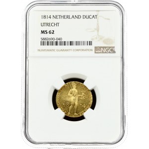 Netherlands UTRECHT 1 Ducat 1814 Obverse: Standing armored knight divides date. Obverse Legend: CONCORDIA RES. - PAR...