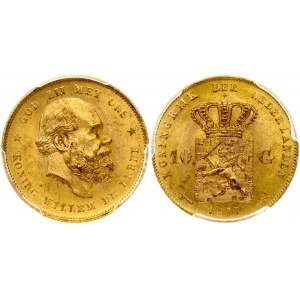 Netherlands 10 Gulden 1877 William III (1849-1890). Obverse: Head right. Obverse Lettering: Koning Willem de Derde ...