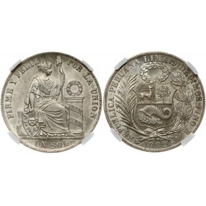Peru 1 Sol 1882 BF Obverse: Coat of arms above date. Lettering: REPUBLICA PERUANA LIMA 9 DECIMOS FINO B. F. 1882...