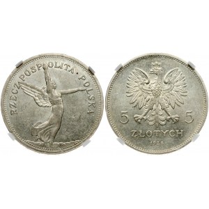 Poland 5 Zlotych 1928 Nike No Mintmark. Obverse: Polish coat of arms (crown above eagle facing left). Lettering...