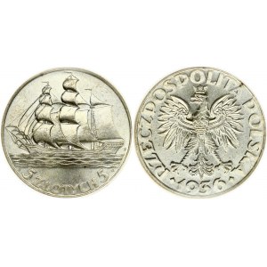 Poland 5 Zlotych 1936 15th Anniversary of Gdynia Seaport. Obverse: Polish emblem; a crowned eagle; legend around...