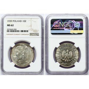 Poland 10 Zlotych 1939 Jozef Pilsudski. Obverse: Eagle with wings open with no symbols below. Lettering...