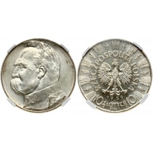 Poland 10 Zlotych 1939 Jozef Pilsudski. Obverse: Eagle with wings open with no symbols below. Lettering...
