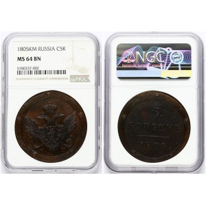 Russia 5 Kopecks 1805 KM Alexander I (1801-1825). Obverse: Crowned double imperial eagle within circles. Reverse...