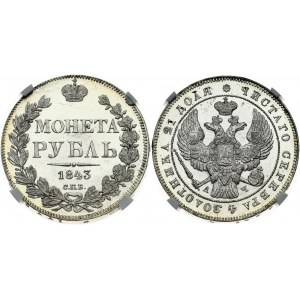 Russia 1 Rouble 1843 СПБ-АЧ St. Petersburg. Nicholas I (1826-1855). Obverse: Crowned double imperial eagle. Lettering...