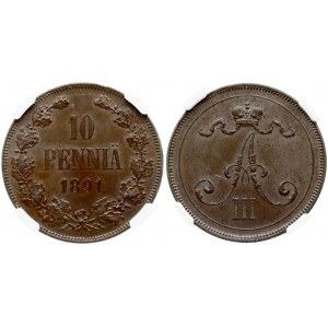 Russia For Finland 10 Pennia 1891. Alexander III (1881-1894). Obverse: Crowned monogram. Reverse: Denomination and date...