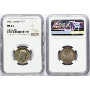 Russia 25 Kopecks 1900 Nicholas II (1894-1917). Obverse: Portrait of Emperor Nikolai II to the left. Lettering: Б.М...