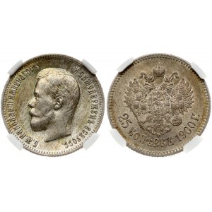 Russia 25 Kopecks 1900 Nicholas II (1894-1917). Obverse: Portrait of Emperor Nikolai II to the left. Lettering: Б.М...