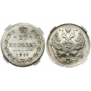 Russia 20 Kopecks 1917 ВС. Nicholas II (1894-1917). Obverse: Crown over two-headed imperial eagle; ribbons on crown...