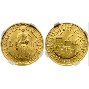 San Marino 10 Lire 1925 R Obverse: Three towers with feathers. Lettering: RESPUBLICA S. MARINI. Reverse: Standing figure