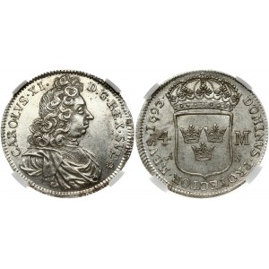 Sweden 4 Mark 1693 Charles XI (1660-1697). Obverse: Older bust of Karl XI facing right. Lettering: CAROLVS·XI D.G...