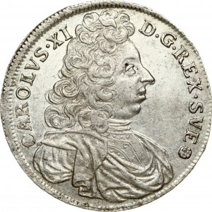 Sweden 4 Mark 1696 Charles XI (1660-1697). Obverse: Older bust of Karl XI facing right. Lettering: CAROLVS·XI D.G...