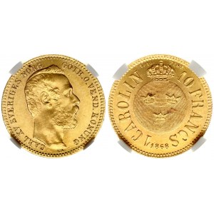 Sweden 1 Carolin - 10 Francs 1868 Carl XV Adolf(1860-1872). Obverse: Head right. Obverse Legend: CARL XV SVERIGES.....