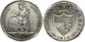 Switzerland AARGAU 4 Frank 1812 Obverse: Crowned pointed shield above date. Obverse Legend: CANTON ARGAU. Reverse...