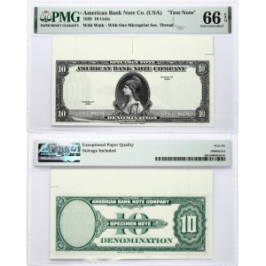 USA 10 Dollars 1929 American Bank Note 'Test Note'. Co. (USA) 1929 10 Units With Wmk- With One Microprint Sec. Thread...