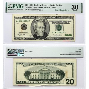 USA 20 Dollars 1996 Federal Reserve Note; large portrait; Boston; Board Break Error. Obverse...