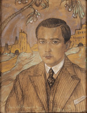 Stanisław Ignacy Witkiewicz \ Witkacy (1885 Warszawa - 1939 Jeziory na Polesiu), Portret mężczyzny na tle pejzażu, 1935