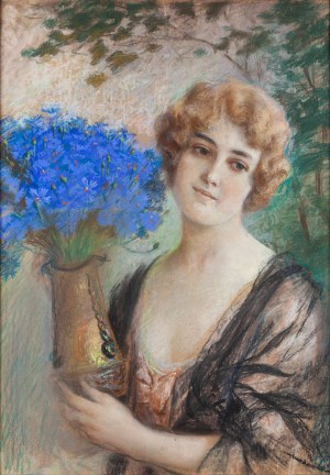 Jan Bąkowski (1872 Kraków - 1934 Kraków), Kobieta z bukietem kwiatów