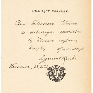 KARSKI Zygmunt (1898-1967): Musujący poranek. 1. Aufl. Warschau: Tow. Wyd. Ignis, 1922. - 56, [3] S., 18 cm....