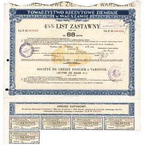 TOWARZYSTWO Kredytowe Ziemskie w Warszawie. List zastawny na 88 Złotych. Lit. E No 0464562. Warszawa...