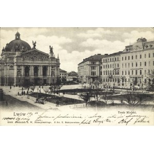LWÓW. Teatr Miejski. [Lwów]: Nakł. S.W. Niemojowskiego, 1902. - pocztówka, 9 × 13,8 cm. Z fot. T...