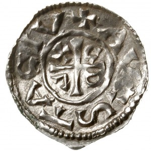 denar 1024-1039, Augsburg; Aw: Popiersie w prawo; Rw: K...
