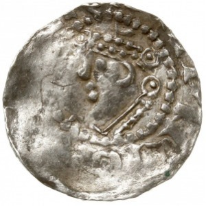 denar 1002-1024; Aw: Popiersie w lewo; Rw: Krzyż z kulk...