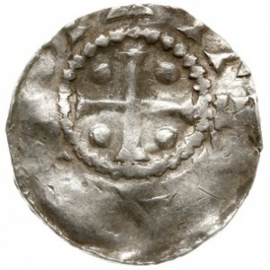 denar 1002-1024; Aw: Popiersie w lewo; Rw: Krzyż z kulk...