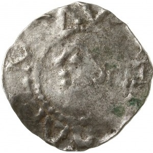 denar 1002-1024; Aw: Popiersie w lewo; Rw: Krzyż z kulk...