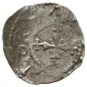 denar 1002-1024; Aw: Popiersie w lewo; Rw: Krzyż z kulk...