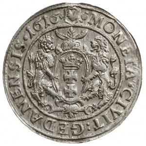 ort 1616, Gdańsk; mała głowa króla z szeroką kryzą, łap...