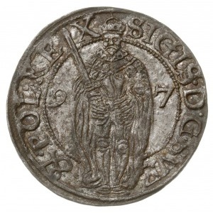 1 öre 1597, Sztokholm; Aw: Stojąca postać króla na wpro...