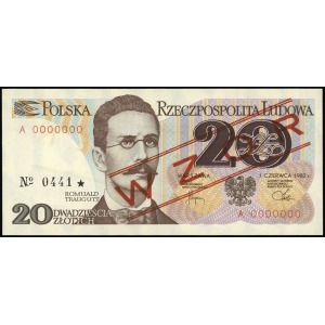 20 złotych 1.06.1982, WZÓR, seria A, numeracja 0000000,...