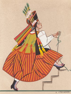 Zofia Stryjeńska (1891 Kraków - 1976 Genewa), Chłopka z Kurpi, plansza XXXI z teki 'Polish Peasants' Costumes', 1939