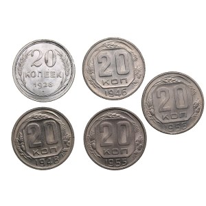 Russia, USSR 20 kopecks 1928, 1946, 1948, 1955, 1956 (5)