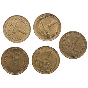 Russia, USSR 1 kopecks 1933, 1936, 1938, 1946, 1949 (5)