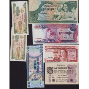 Lot of World paper money: Cambodia, Guyana, Gibraltar, Germany, China (13)