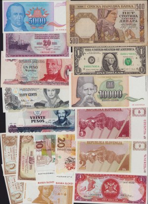 Lot of World paper money: Yugoslavia, Maldives, Hong Kong, France, Argentina, Trinidad and Tobago, Bahamas, Cuba, Sloven