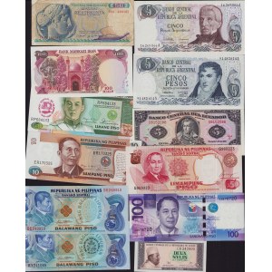 Lot of World paper money: Philippines, Argentina, Greece, Iran, Botswana, Guinea, Czechoslovakia, Ecuador (20)