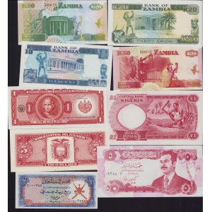 Lot of World paper money: Zambia, Nigeria, Iraq, Oman, El Salvador, Ecuador (9)