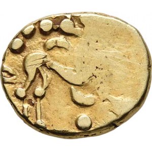 Galie a Británie, Keltové - Ambiani, 1.stol. př.Kr., Statér, stylizovaný kůň zprava, dole půlměsíc