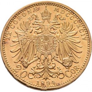 František Josef I., 1848 - 1916, 20 Koruna 1894, 6.761g, nep.hr., nep.rysky, patina