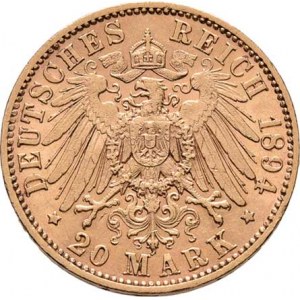 Německo - Sasko, Albert I., 1873 - 1902, 20 Marka 1894 E, Drážďany, KM.1248 (Au900), 7.935g,