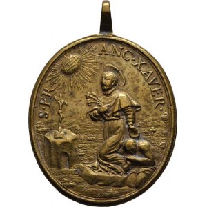 Církevní medaile - lité svátostky oválné, Svatý Ignác z Loyoly přemáhá ďábla, opis / klečící