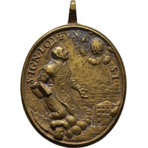 Církevní medaile - lité svátostky oválné, Svatý Ignác z Loyoly přemáhá ďábla, opis / klečící